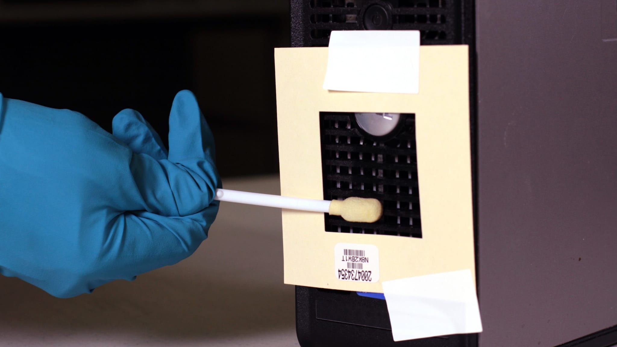 -- title missing -- Hand wearing a blue glove holding a white swab