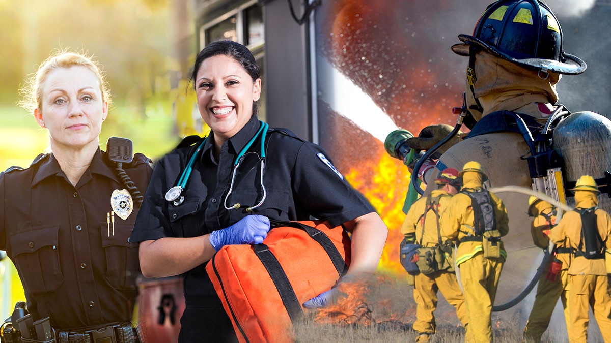 — title missing — Portrait of emergency services, Emergency Medical Service worker, Law Enforcement officer, Wildland firefighters, Firemen donning SCBA
