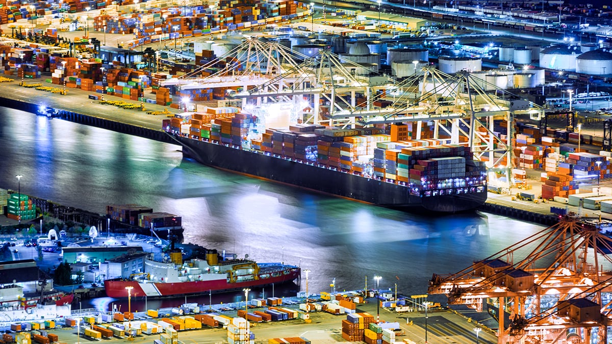 — title missing — Aerial view loading of a cargo ship in Seattle.