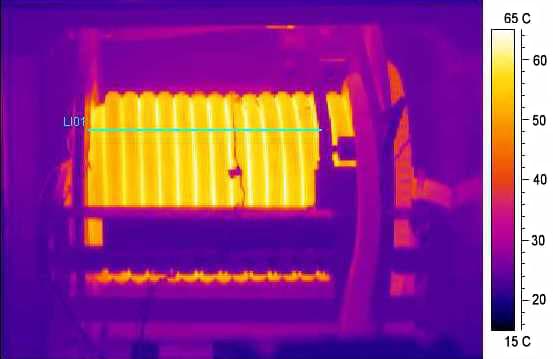 Thermal image of a static 56 Amp test with 2 layers of #6 AWG round cable wound on the reel Thermal image of a static 56 Amp test with 2 layers of #6 AWG round cable wound on the reel