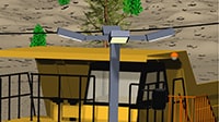 Lampposts with lights at multiple locations in the parking area.