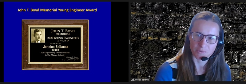 In a split-screen image grabbed from the virtual award ceremony, Jennica Bellanca speaks after receiving the John T. Boyd Award.