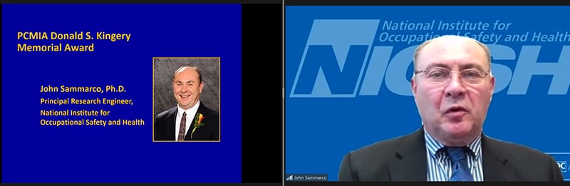 A split-screen image depicting John Sammarco offering remarks in response to receiving the Don S. Kingery Memorial Award