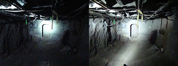 Lighting provided by a traditional LED cap lamp (left) and the NIOSH LED prototype cap lamp (right). Lighting provided by a traditional LED cap lamp (left) and the NIOSH LED prototype cap lamp (right).