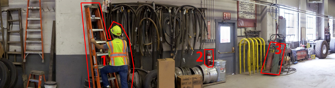 A segment of the panoramic image in Figure 1 with three hazards outlined in red.