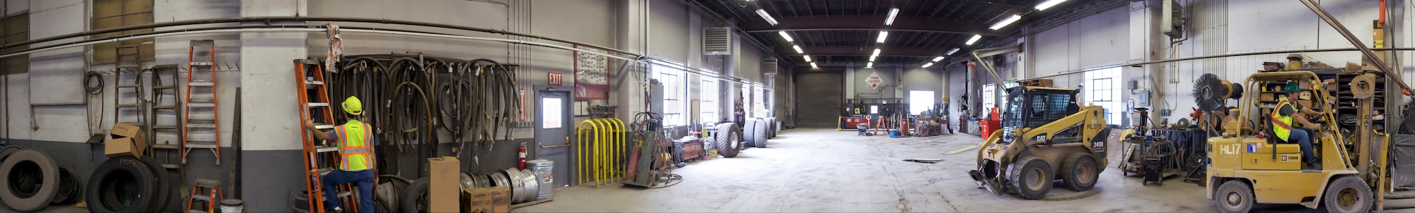 A portion of one of 31 panoramic images available in EXAMiner, showing six hazards in a shop