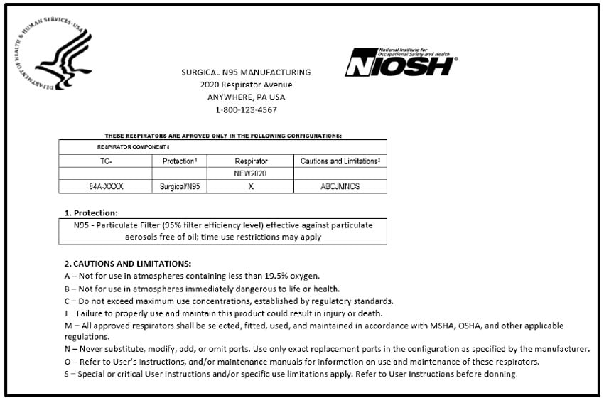 Figure 2: Example of a NIOSH surgical N95 full respirator approval label, often located on or within the packaging. Figure 2: Example of a NIOSH surgical N95 full respirator approval label, often located on or within the packaging.