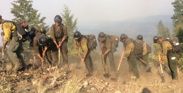 linebreak Wildland Firefighter Hotshot crew digs a fire break along a ridge line. Image provided by US Forest Service Technology and Development Program.