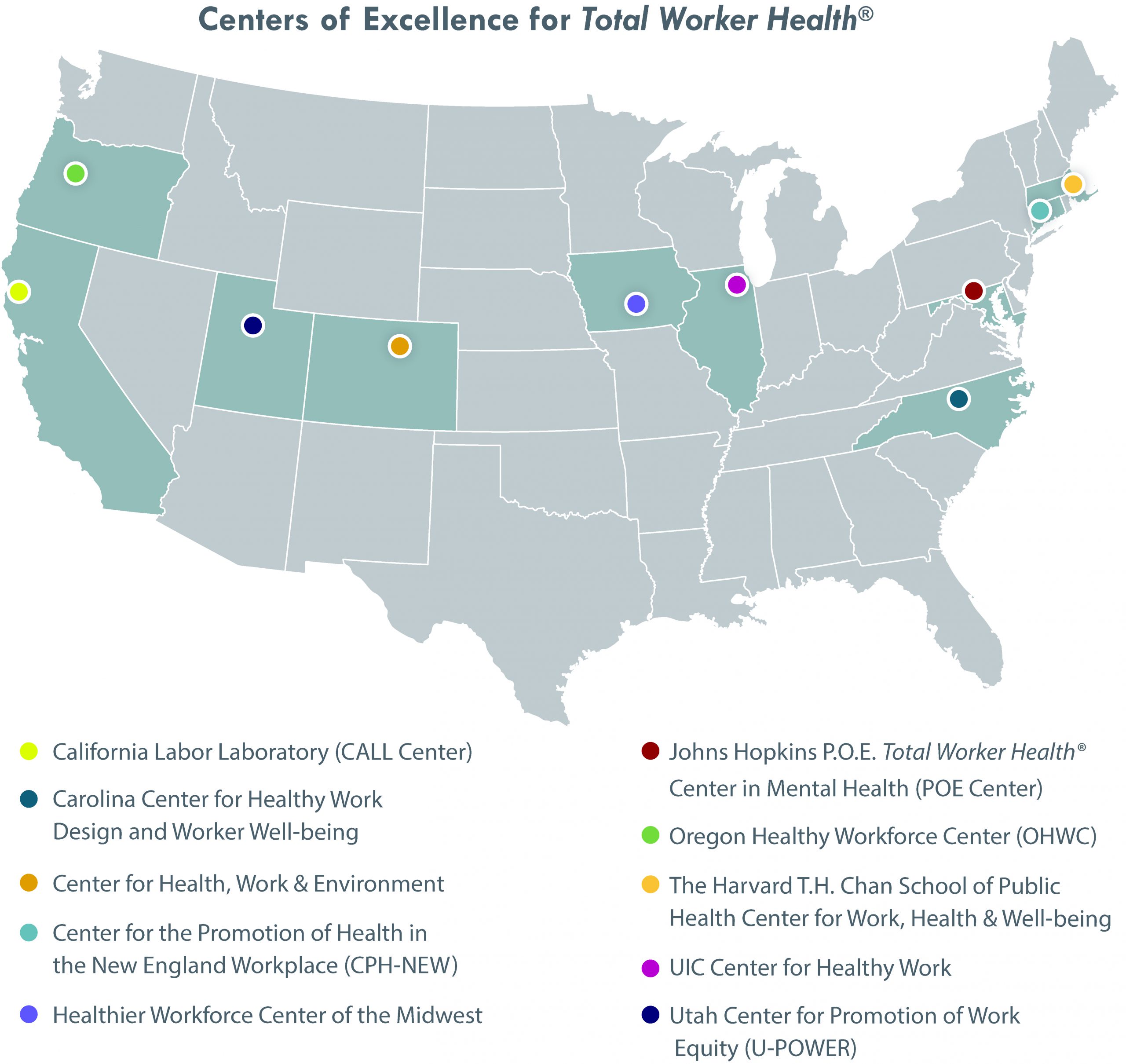 Map of USA for Centers of Excellence for Total Worker Health Map of the USA with the dots showing the Centers of Excellence for Total Worker Health across ten states