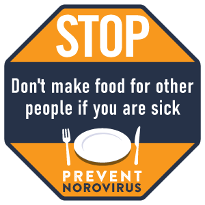 prevent-stop-food-prep-badge plate setting, stop, don't make food for other people if you are sick, prevent norovirus badge