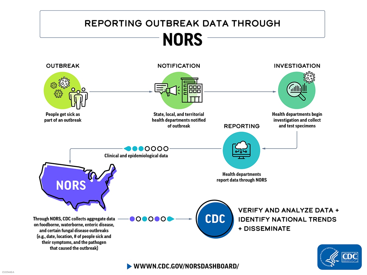 about-nors The general flow of outbreak information to NORS: 1) People are exposed to a pathogen; 2) People get sick and seek treatment 3) Health department is notified of a possible outbreak; 4) Health department conducts an outbreak investigation; 5) Health department enters outbreak information into NORS; 6) CDC checks data for accuracy and analyzes; 7) Data are summarized and published.