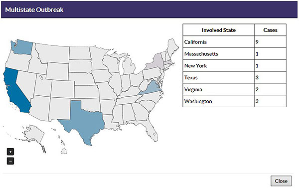 Pop-up box that displays a U.S. map from NORS application.