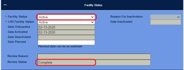 Facility status active and complete Facility status active and complete