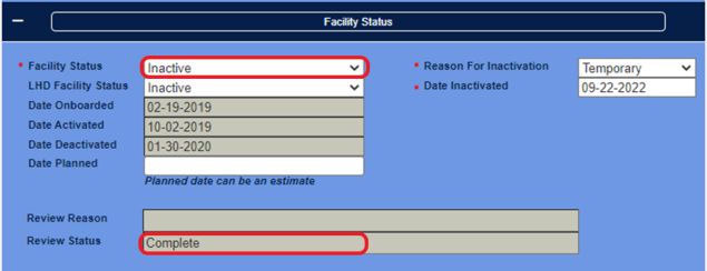 Facility Status Inactive, Planned, Not Planned Facility Status Inactive, Planned, Not Planned
