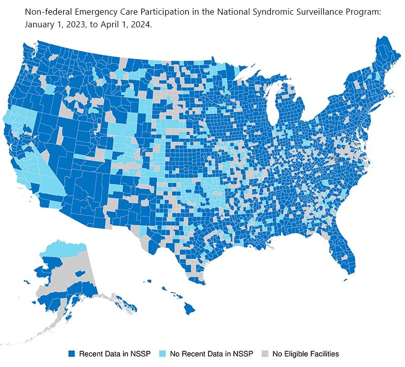 Dark blue counties contain at least one eligible non-federal emergency care facility that sent at least one valid patient visit record in the last three months. Light blue counties indicate the presence of one or more eligible emergency care facilities where no data have been sent to NSSP in the last three months. Gray counties do not contain eligible emergency care facilities.