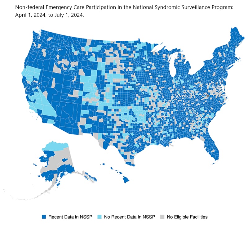 Map with shaded regions to show participation in NSSP. Link to data table listed below for accessibility.
