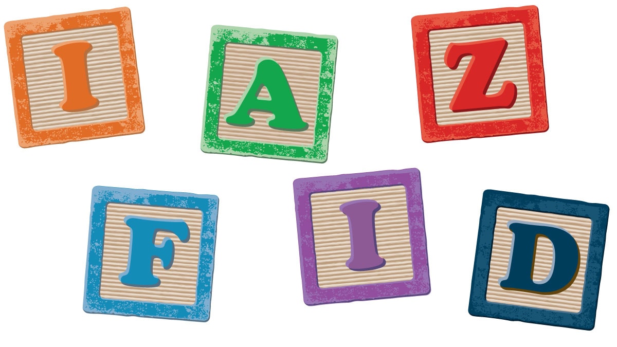 Six children's blocks in different colors with the letters I, A, Z, F, and D. The letter I is repeated.