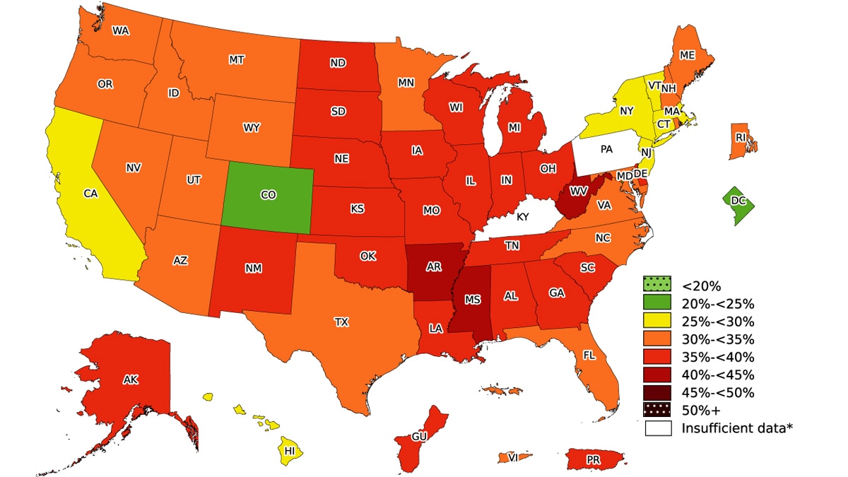 obesitymap-16x9 Color coded US map showing state prevalence of adult obesity. Data used for the map is on a chart on this page.