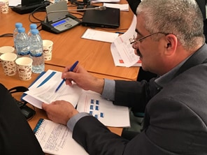 Dilmurod Ruziboev, Head of Regional Bioinspection with the State Committee for Ecology and Nature Protection, reviews stakeholder roles and responsibilities assigned to achieve goals and objectives in Uzbekistan’s One Health strategic plan. Photo credit: Tory Seffren Dilmurod Ruziboev, Head of Regional Bioinspection with the State Committee for Ecology and Nature Protection, reviews stakeholder roles and responsibilities assigned to achieve goals and objectives in Uzbekistan’s One Health strategic plan. Photo credit: Tory Seffren