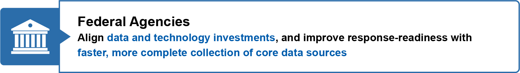 Federal Agencies: Align data and technology investments, and improve response-readiness with faster, more complete collection of core data sources