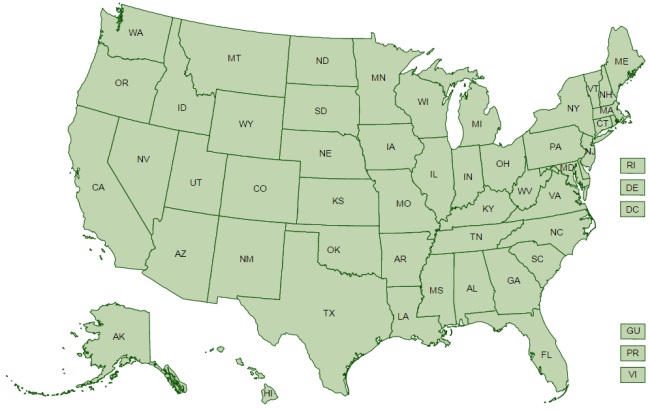 Map of the United States which includes Alaska, Hawaii as well as US territories Puerto Rico, Guam and US Virgin Islands