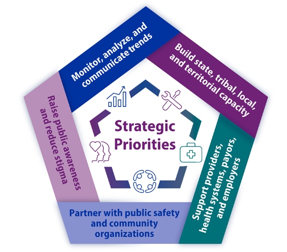 A pentagon shape with a strategic priority along each side in a different color.