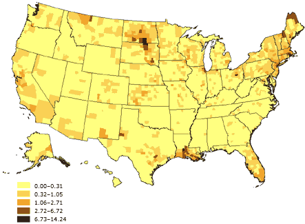Map of the United States showing percentage of linguistically isolated Indo-European杔anguage households, United States. The greatest percentages (6.73%-14.24%) are located in the upper Northeast (New Hampshire and Maine), Louisiana, North and South Dakota, and Montana.