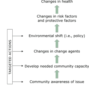 Along the left side is a vertical bar labeled Targeted Actions.?From this bar there are four arrows that point to the right. The one at the bottom points to Community awareness of issue?which has an arrow above it pointing upward. Above the arrow, the second arrow pointing to the right points to Develop needed community capacity,?which has an arrow above it pointing upward. Above this arrow, the third arrow pointing right points to Changes in change agents,?which has an arrow above it pointing upward. Above this arrow, the fourth arrow pointing right points to Environmental shift (i.e., policy),?which has an arrow above it pointing upward. Above this arrow is Changes in risk factors and protective factors,?which has an arrow above it pointing upward. Above this arrow is Changes in health.?></p>
<p class=