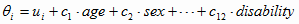 Mathematic equation: θi equals ui plus c1 times AGE plus c2 times SEX plus卼hrough plus c12 times DISABILITY