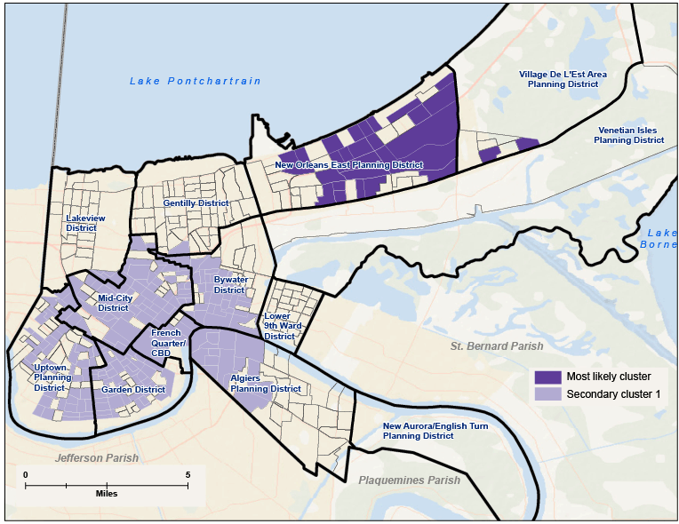 Pre-Katrina significant clusters of hospitalizations for substance abuse disorders at the block group level calculated by using the discrete Poisson model with sex and age group as covariates, New Orleans, 2004. The most likely cluster (the cluster least likely to be due to chance) was the New Orleans East area with 316 block groups and a relative risk of .38 compared with the city as a whole. The next highest was central New Orleans with a relative risk of 1.83. 