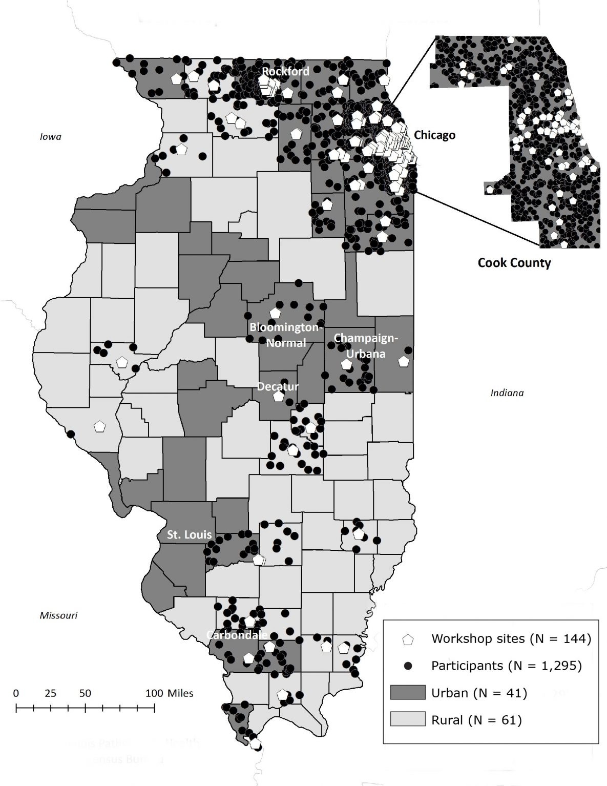 18_0385_01.jpg Location of workshop sites for the Chronic Disease Self-Management Program and the Diabetes Self-Management Program and distribution of participants’ home addresses by rural and urban counties in Illinois during 2016–2017. We used the dot-density function to indicate the correct number of participants per county while protecting information on participants’ exact residential locations. Data sources: Illinois Pathways to Health (19), US Census Bureau (20).