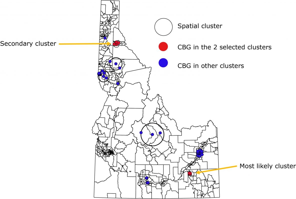 18_0429_01 Spatial clusters of Idaho resident suicides by census block group, 2010–2014. A dot is a centroid of a census block group (CBG); 1 dot might represent 1 or more suicides that occurred in that CBG during the study period.