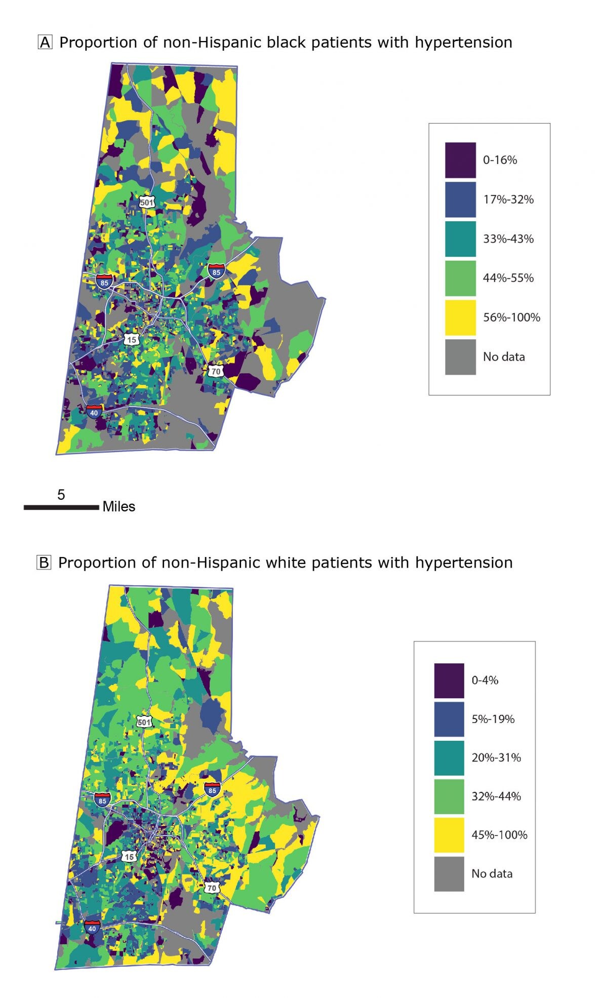 18_0445_01.jpg Proportion of patients with hypertension in 2010 Census blocks, by quintile, Duke Medicine Enterprise Data Warehouse patient data, Durham, North Carolina. A, Non-Hispanic black patients. B, Non-Hispanic white patients.