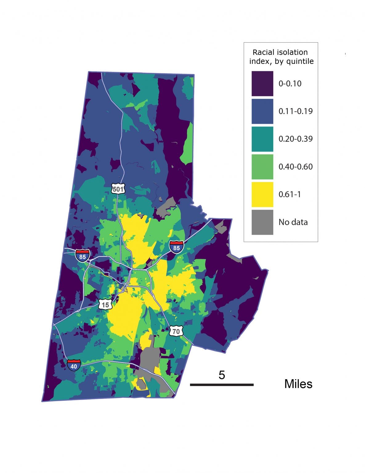 18_0445_02 Index value, by quintile, for census-block–level racial isolation of non-Hispanic black residents, Durham, North Carolina. Index of racial isolation is scaled from 0 to 1, with 1 indicating complete isolation.