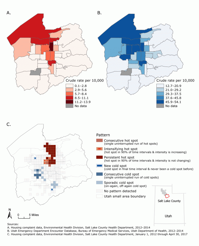 18_0463_01 Maps A and B compare rates of asthma-related housing complaints and rates of asthma-related emergency department encounters, by small-area boundaries, Salt Lake County, Utah, 2012–2014. Map C depicts hot spots of asthma-related housing complaints that were identified in north-central Salt Lake County, Utah, January 1, 2012, through April 30, 2017.