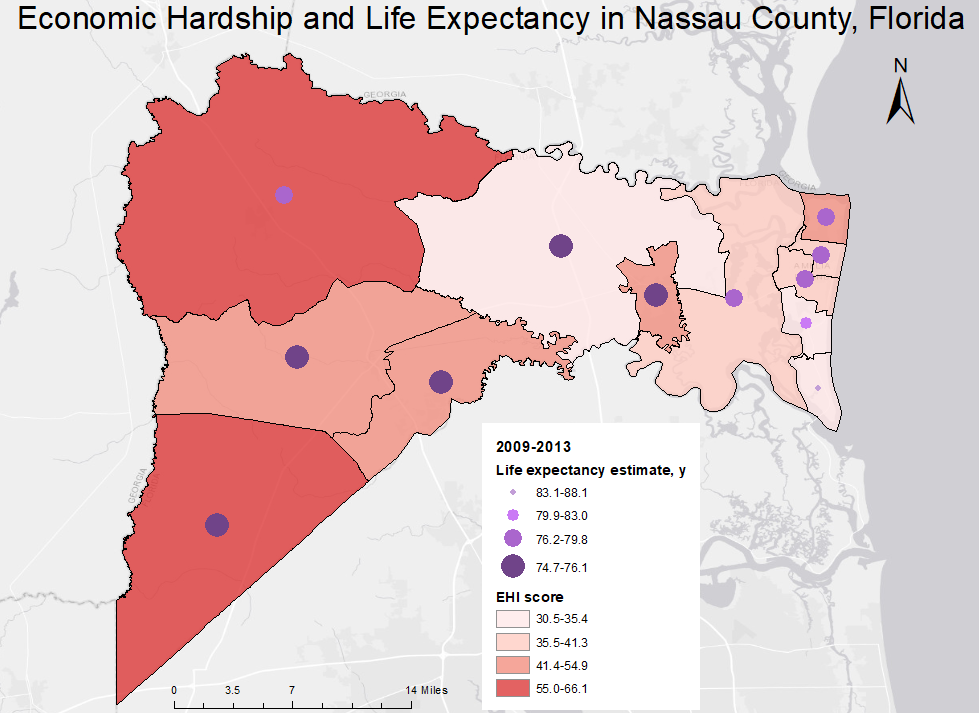 18_0481_01 Economic Hardship Index (EHI) scores and life expectancy estimates at birth, by census tract, in Nassau County, Florida. EHI scores and life expectancy estimates were grouped into 4 classes by using Jenks natural breaks and combined to produce a bivariate map. EHI scores range from 0 to 100, with higher scores indicating worse economic conditions. The map highlights marked differences in economic conditions and life expectancy between census tracts. The map was shared with county health department staff members in response to calls for locally relevant data to address health disparities.