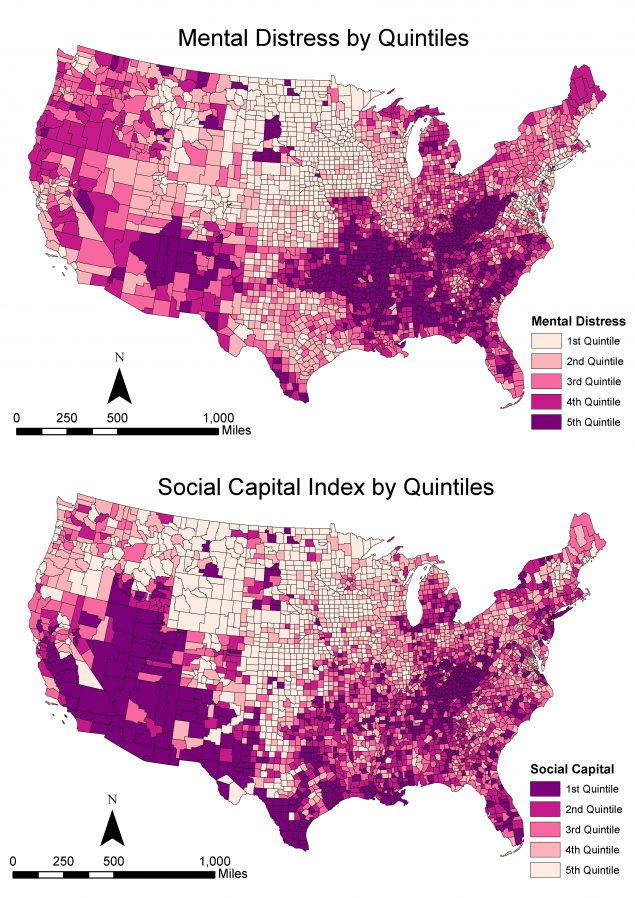 18_0491_01 Spatial distribution of mental distress and social capital in the United States, County Health Rankings and Roadmaps, United States, 2018. Map A depicts county-level prevalence of mental distress, and Map B depicts the social capital index of counties.