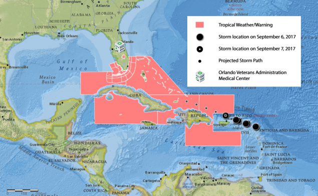 18_0501_01 Hurricane Irma approaching Florida coastline, September 7, 2017, based on data collected September 6 and September 7, 2017. The registered nurse, a patient care manager, also served as geographic information system mapmaker (RNCM/mapmaker) for the Orlando Veterans Health Administration Home Based Primary Care program (OVAMC-HBPC), tracking the path of Hurricane Irma. Irma made landfall in the Florida Keys as a Category 4 hurricane with 132 mph winds. This powerful image of the looming threat helped inform the nurse manager, who supervised the OVAMC–HBPC nursing staff, of the severity of the storm. The RNCM/mapmaker also used the maps, in combination with patient information and other data, to educate and manage her patients. Map source: Portal for ArcGIS version 10.5 (2017), created for the Veterans Health Administration by Environmental Systems Research Institute (Esri). Additional sources: National Geographic, Environmental Systems Research Institute, Garmin, HERE Technologies, United Nations Environment World Conservation Monitoring Center, United States Geological Survey, National Aeronautics and Space Administration, European Space Agency, Micro Engineering Tech Inc., Natural Resources Canada, General Bathymetric Chart of the Oceans, National Oceanic and Atmospheric Administration, Increment P Corporation.