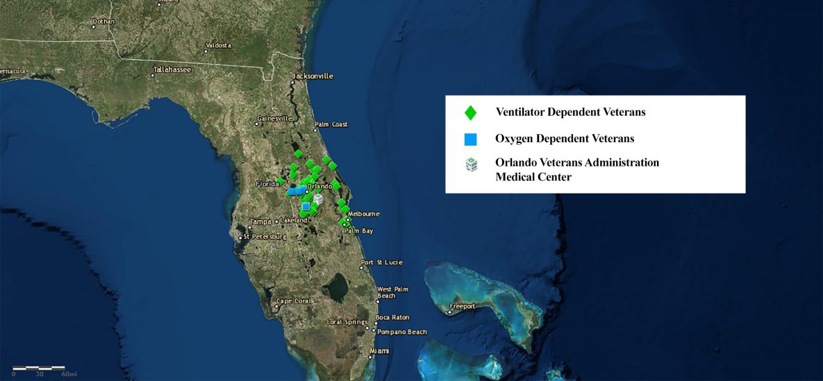 18_0501_02 Oxygen-dependent and ventilator-dependent patients in home-based primary care, September 7, 2017. In preparation for Hurricane Irma, the nurse care manager, serving as the geographic information system mapmaker for the Orlando Veterans Health Administration Home Based Primary Care (OVAMC–HBPC) program, made maps for program leadership, including this map of oxygen-dependent and ventilator-dependent veterans. Leadership used these types of maps together with other clinical and care manager information in a dynamic process to make decisions regarding patient management in preparation for the storm. Map source: Portal for ArcGIS version 10.5 (2017) created for the Veterans Health Administration by Environmental Systems Research Institute. Additional Sources: Earthstar Geographics LLC, Environmental Systems Research Institute, HERE Technologies, Garmin.