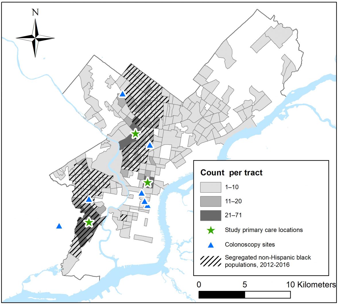 19_0030_01 Number of Family Practice and Counseling Network (FPCN) patients in 2016 for whom colorectal cancer screening was recommended, by census tract of residence in Philadelphia, Pennsylvania; locations of FPCN clinic sites; locations of colonoscopy referral sites; and, for census tracts where patients resided, census tracts with higher levels of African American racial segregation relative to all Philadelphia census tracts. Six of the 7 facilities where FPCN refers patients for colonoscopy are located in Philadelphia, and 1 is located in an adjacent municipality, near the FPCN clinic in southwest Philadelphia.