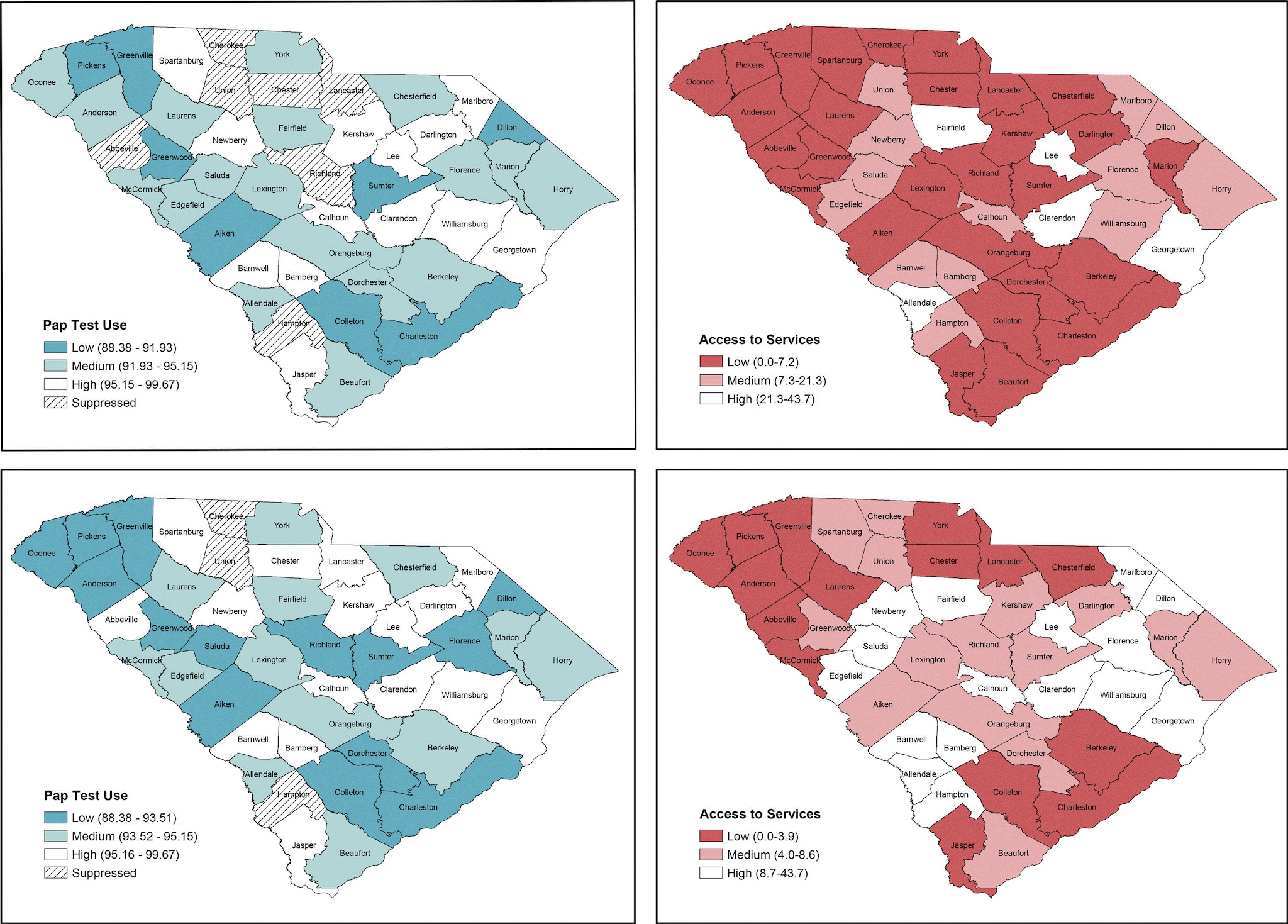 19_0254_01 Choropleth maps displaying different classification methods for Papanicolaou (Pap) test use and Breast and Cervical Cancer Early Detection Program (BCCEDP) cervical cancer screening availability. Map A, Pap test use with 3 natural breaks classification; Map B, BCCEDP cervical cancer screening availability using 3 natural breaks classification; Map C, Pap test use using quantile (tertile) classification; Map D, BCCEDP availability using quantile (tertile) classification.