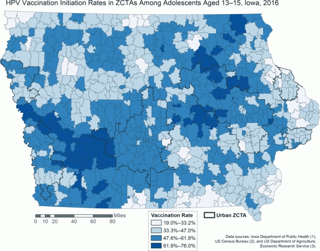 19_0350_01 Covariate-adjusted initiation rates for human papillomavirus vaccination in zip code tabulation areas (ZCTAs) among adolescents aged 13 to 15, Iowa, 2016. Rates were spatially smoothed to account for small populations. The state-level mean vaccination rate for all ZCTAs was 47.9%26#37; (range, 0%26#37;–100%26#37;; standard deviation, 16.2%26#37;). All ZCTAs have initiation rates below the Healthy People 2020 target of 80%26#37; completion. Urban ZCTAs are indicated in black outlines. Vaccination initiation rates exhibit no clear association with location. Data sources: Iowa Department of Public Health (1), US Census Bureau (2), and US Department of Agriculture, Economic Research Service (3). Abbreviation: ZCTA, zip code tabulation area.