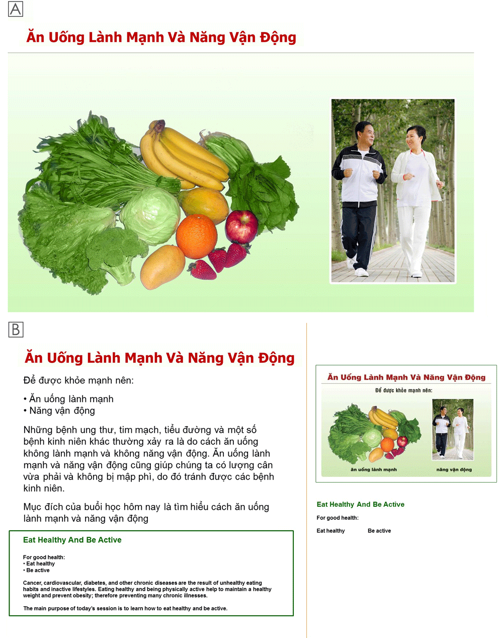 19_0353_01 Culturally and linguistically appropriate educational materials developed for delivery by lay health workers to Vietnamese Americans aged 50 to 74 in an intervention designed to increase healthy eating and physical activity, Santa Clara County, California, 2008–2013. A, Participant-facing page of a flip chart. B, Lay health worker–facing page.