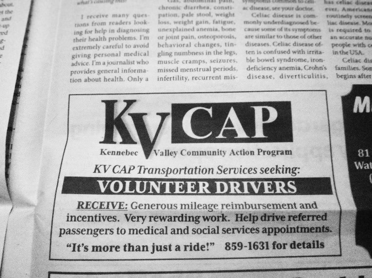 20_0085_01 Newspaper advertisement used for recruiting volunteers for the Kennebec Valley Community Action Program’s transportation services in Maine.