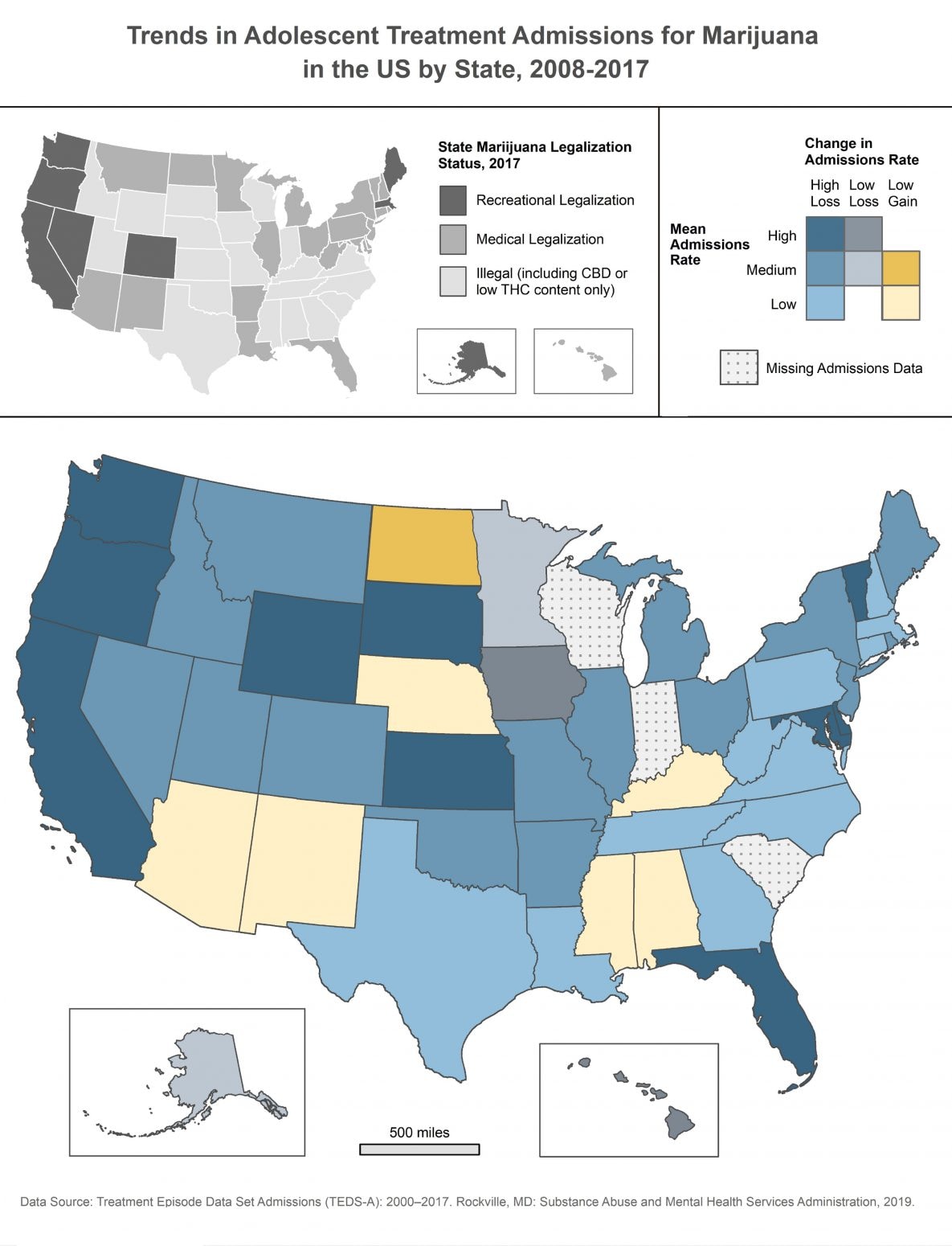 20_0156_01 Map. The main map shows the 2008–2017 mean admissions rate for each state. Declines in mean admissions rates over time are shown in blue and gray, and increases are shown in orange. States with higher admissions rates are darker and states with lower rates are lighter. Marijuana legalization status appears in the inset map. Abbreviations: CBD, cannabidiol; THC, tetrahydrocannabinol.