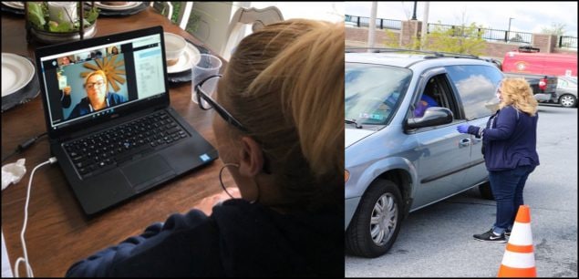 20_0165_01 Community health worker leading a video conference call with community leaders in Lebanon County, Pennsylvania, to discuss the needs of Hispanic residents regarding coronavirus disease 2019 (COVID-19) (left) and distributing masks, bottles of hand sanitizer, and Spanish-language public service announcements at a local drive-through COVID-19 response site (right).