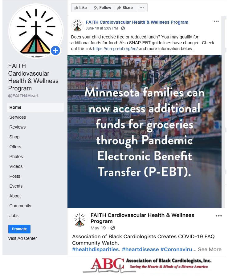 20_0408_01 Screenshot of FAITH! (Fostering African-American Improvement in Total Health) COVID-19 response Facebook page, Minnesota, 2020. For 8 weeks (April 3–May 31, 2020), community communication leaders posted daily messages in 4 main content areas: inspirational, COVID-19 health information and preventive measures, financial and community-based resources, and social support. Content was derived from credible sources and the FAITH! COVID-19 Task Force.
