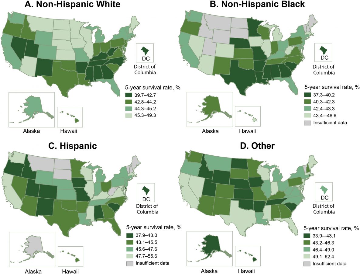 20_0242_02 Adjusted 5-year survival after acute ischemic stroke by race and Hispanic ethnicity among Medicare fee-for-service beneficiaries, Medicare cohort 2008–2017. Map A shows the adjusted 5-year survival after acute ischemic stroke among non-Hispanic White Medicare beneficiaries. Map B shows the adjusted 5-year survival among non-Hispanic Black beneficiaries. Map C shows the adjusted 5-year survival among Hispanic Medicare beneficiaries. Map D shows the adjusted 5-year survival among other (other non-Hispanic races) Medicare beneficiaries. Abbreviation: —, insufficient data.