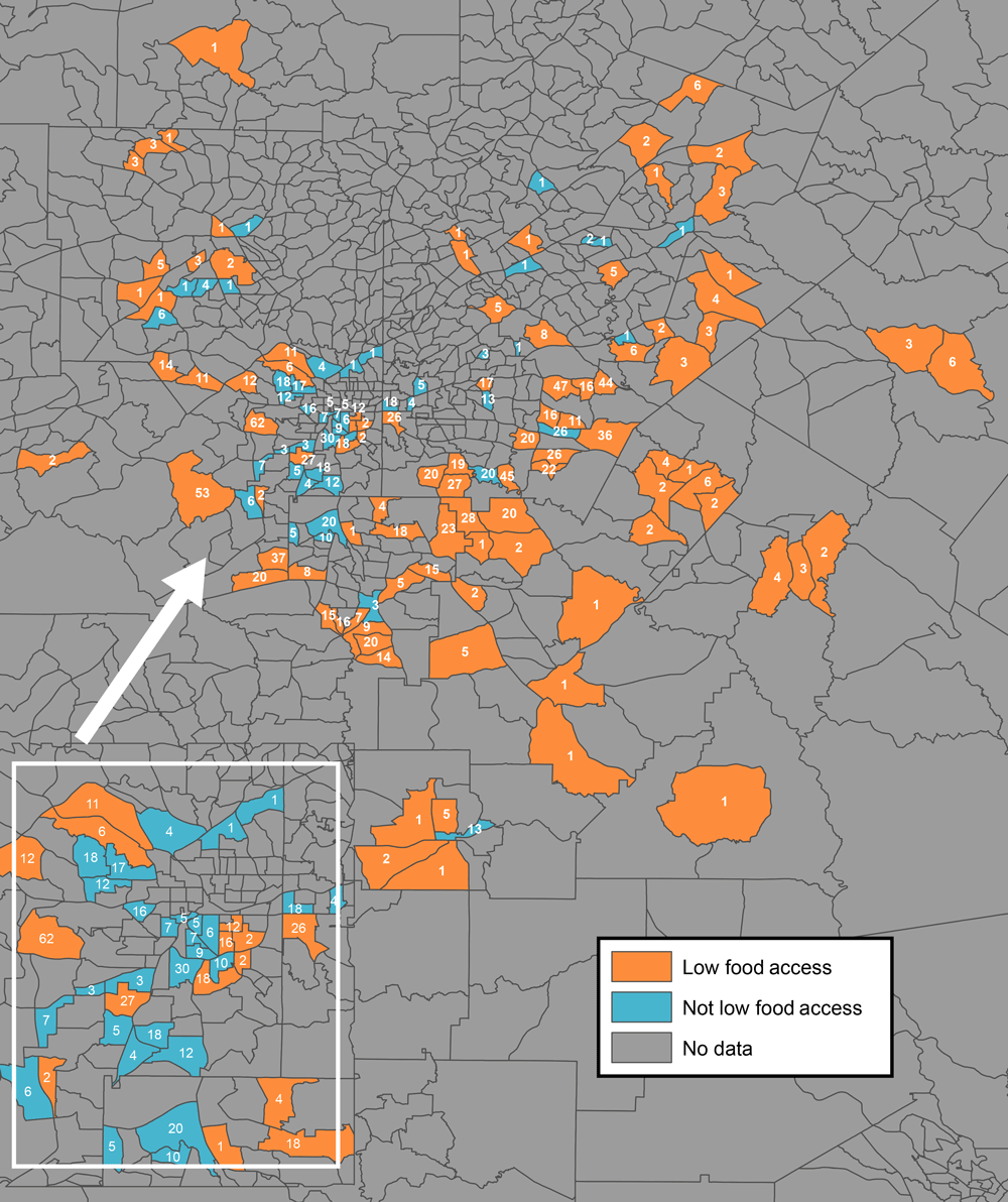 20_0316_01 Objectively measured levels of food access, by 2010 census tract boundaries, in metropolitan Atlanta, Georgia. Only census tracts in which participants in the Morehouse–Emory Cardiovascular Center for Health Equity Study (indicated by the numbers inside census tracts) resided were examined for food access. “Low food access” refers to census tract areas that had objectively measured low levels of access to healthy foods, and “not low food access” refers to census tracts areas that had objectively measured high levels of access to healthy foods. The US Department of Agriculture Food Access Research Atlas classifies urban census tracts as having low levels of access to healthy foods when ≤500 people or 33% of the census tract population resides 1 mile or more from a large grocery store, supercenter, or supermarket (22). Inset shows the city of Atlanta.