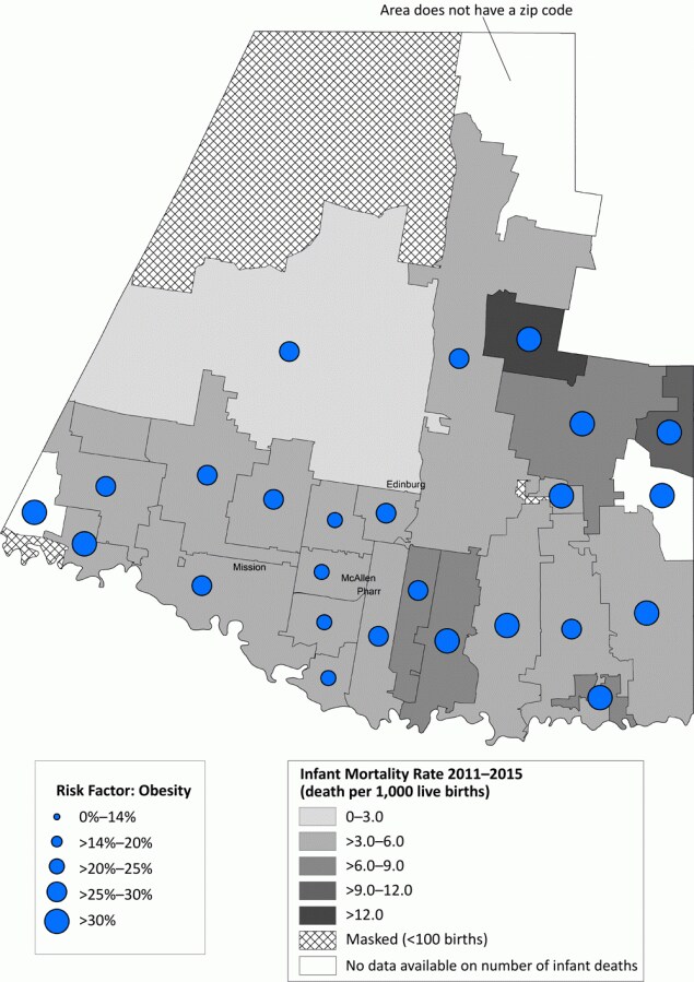 21_0266_02 Infant mortality rate (deaths per 1,000 live births) with prevalence of prepregnancy obesity, by zip code area, Hidalgo County, Texas, 2011–2015.